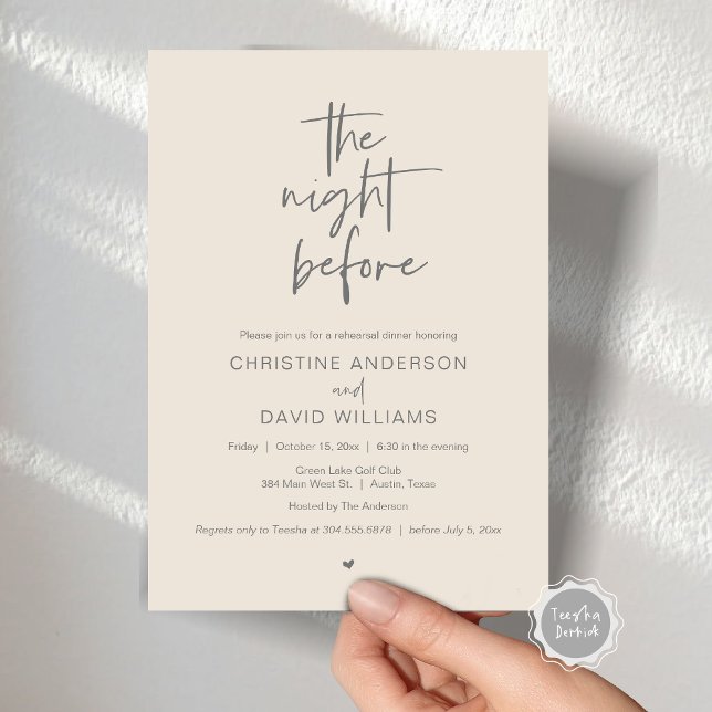 Invitation Dîner de répétition moderne, La nuit avant Invitat (The Night Before, Modern Wedding Rehearsal Dinner, Celebration Invitation Card, in Grey Cream)