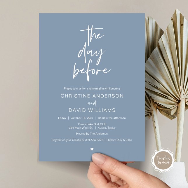 Invitation Dîner de répétition moderne, la veille (The day before, Wedding Rehearsal Lunch Invitation Card, Modern Minimalist Script, Dusty Blue)