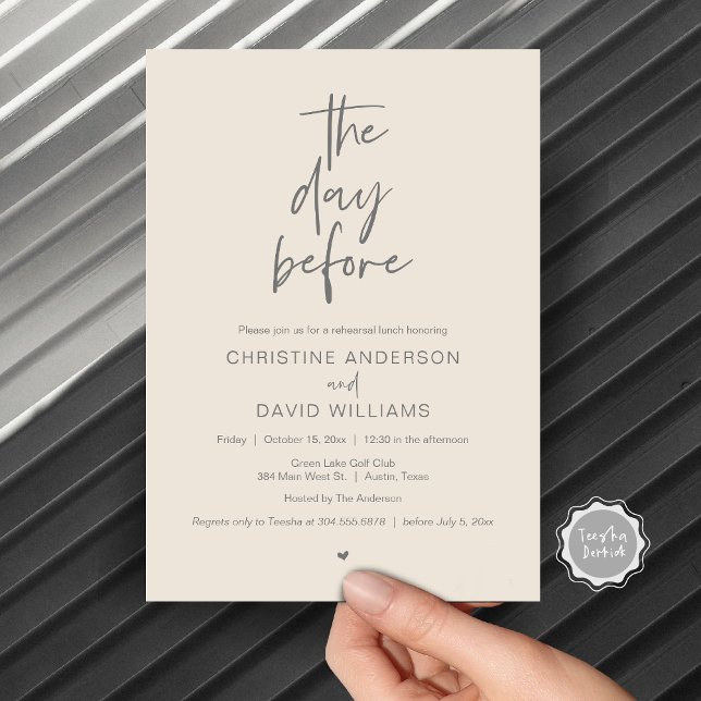 Invitation Dîner de répétition moderne, la veille (The day before, Wedding Rehearsal Lunch Invitation Card, Modern Minimalist Script, Grey Cream)