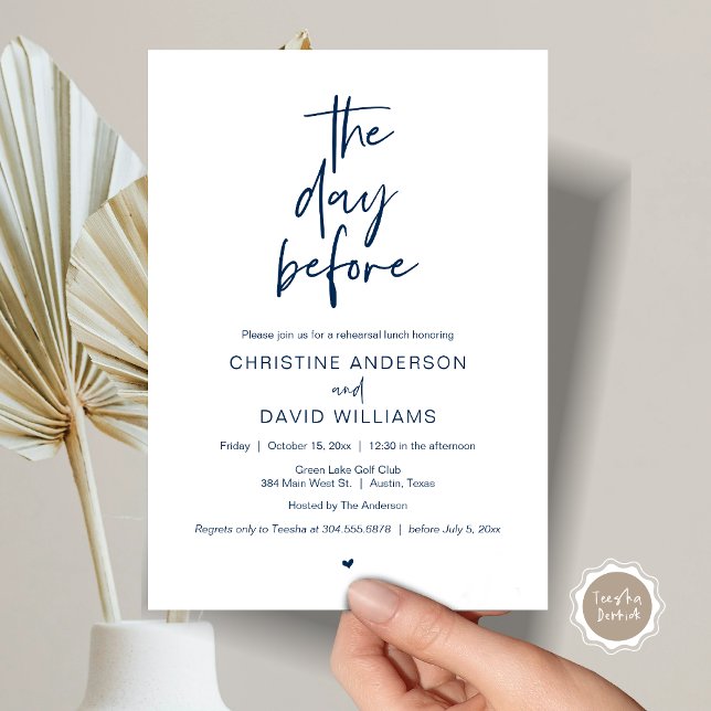 Invitation Dîner de répétition moderne, la veille (The day before, Wedding Rehearsal Lunch Invitation Card, Modern Minimalist Script, Classy Navy Blue)