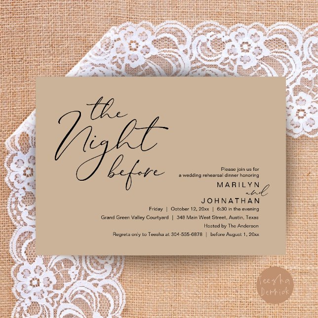 Invitation Dîner de répétition moderne la veille du mariage (Modern Romantic The Night Before Wedding Rehearsal Dinner Invitation Card in Brown Tan)