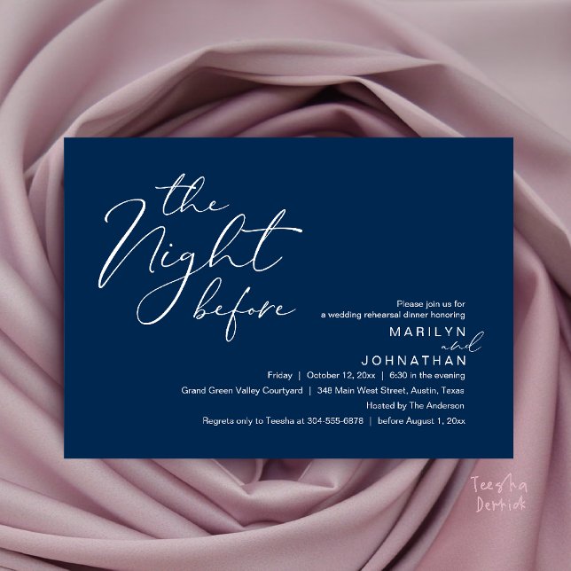 Invitation Dîner de répétition moderne la veille du mariage (Modern Romantic The Night Before Wedding Rehearsal Dinner Invitation Card in Navy Blue)