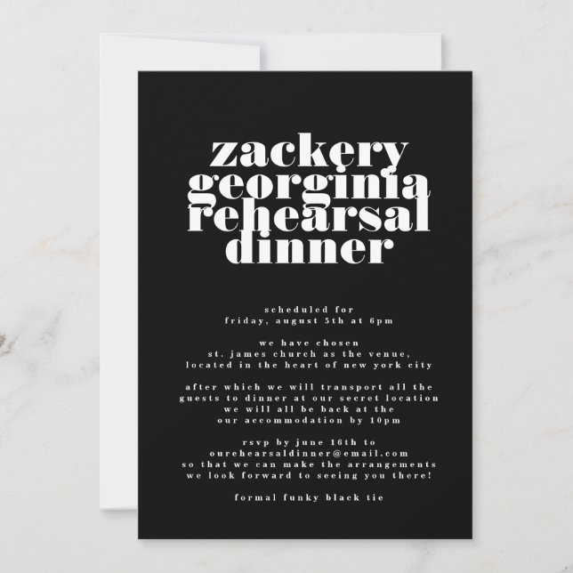 Invitation Dîner de répétition moderne noir et blanc gras (Devant)