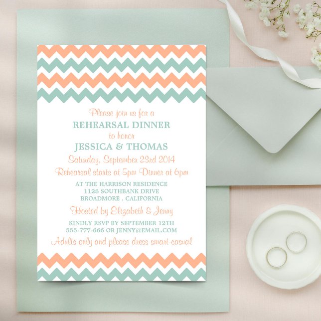 Invitation Dîner de répétition moderne Peach & Mint Chevron (Créateur téléchargé)