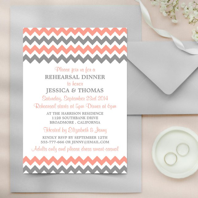 Invitation Dîner de répétition moderne rose et gris Chevron (Créateur téléchargé)