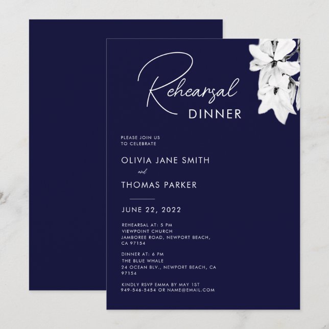 Invitation Dîner de répétition moderne simple Marine Magnolia (Devant / Derrière)