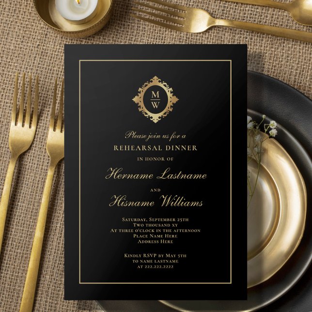 Invitation Dîner de répétition Monogram Classic Black Gold (Créateur téléchargé)
