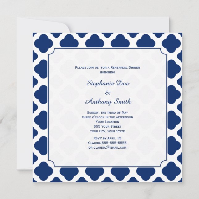 Invitation Dîner de répétition Monogram Royal Blue Quatrefoil (Devant)
