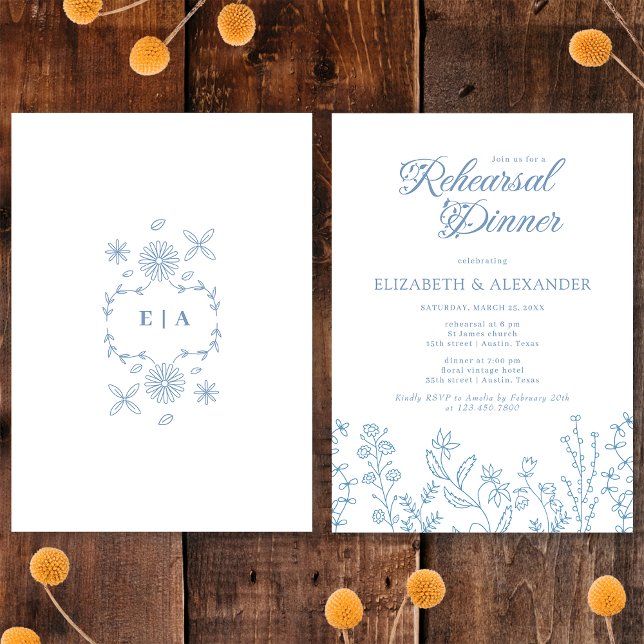 Invitation Dîner de répétition Monogram Wildflower Periwinkle (Créateur téléchargé)