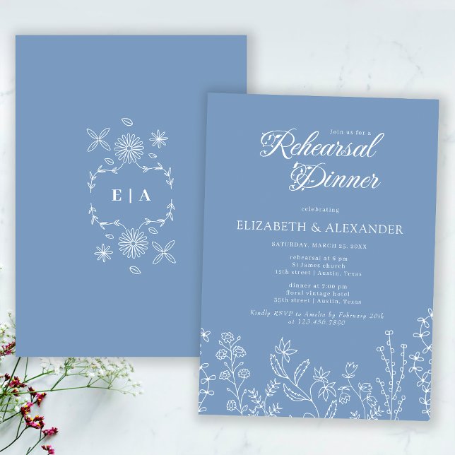 Invitation Dîner de répétition Monogram Wildflower Periwinkle (Front and Back)