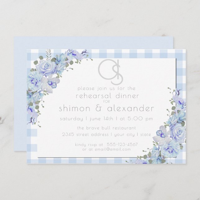 Invitation Dîner de répétition | Monogramme bleu En vichy flo (Devant / Derrière)