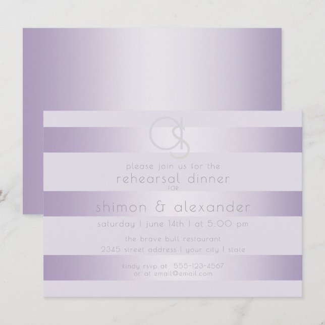 Invitation Dîner de répétition | Monogramme Lilac Shimmer Str (Devant / Derrière)