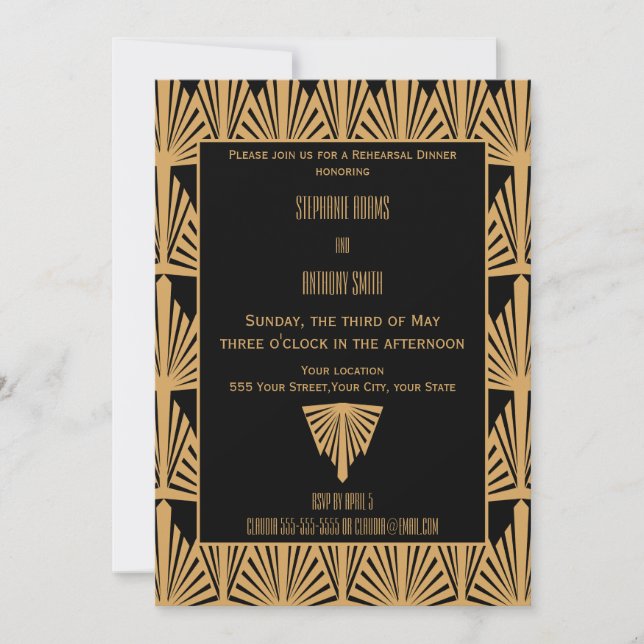 Invitation Dîner de répétition Motif Gold et Black Art Déco (Devant)