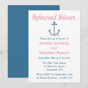 Invitation Dîner de répétition nautique Ancre Bleue Et Rose