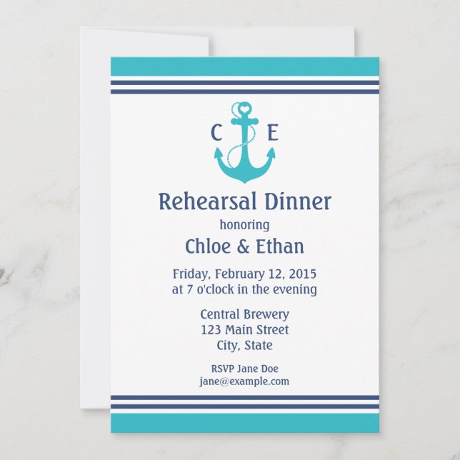 Invitation Dîner de répétition nautique turquoise (Devant)