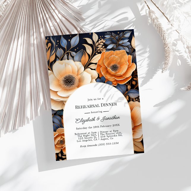 Invitation Dîner de répétition Navy Blue Burnt Orange Champag (Navy Blue Burnt Orange Champagne Rehearsal Dinner Invitation)