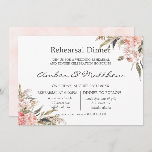 Invitation Dîner de répétition Neutral Boho Pink Peony Pampas (Devant / Derrière)