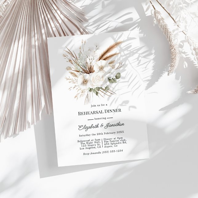 Invitation Dîner de répétition neutre rustique bohème herbe d (Neutral Rustic Boho Pampas Grass Rehearsal Dinner Invitation)