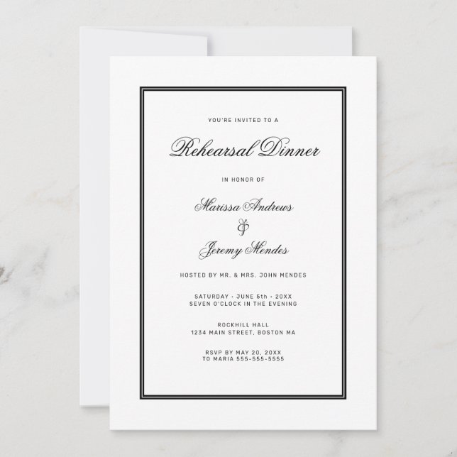 Invitation Dîner de répétition noir blanc élégant (Devant)
