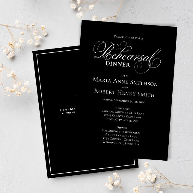 Invitation Dîner de répétition noir et blanc (Black and white calligraphy script rehearsal dinner invitation.)