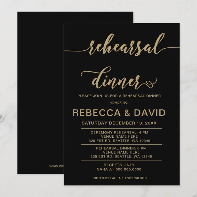 Invitation Dîner de répétition noir et or élégant (Devant / Derrière)