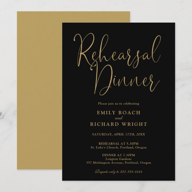 Invitation Dîner De Répétition Noir Et Or Élégant (Devant / Derrière)