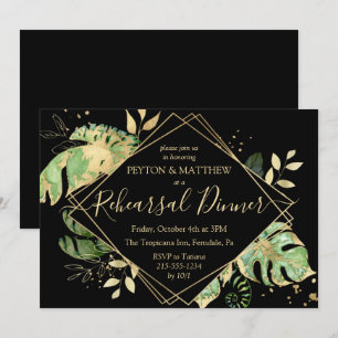 Invitation Dîner de répétition noir et or - Foliage tropical