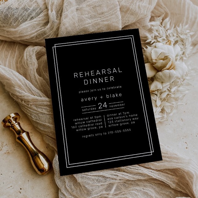 Invitation Dîner de répétition noire très moderne (AVERY Modern Black Rehearsal Dinner Invitation)