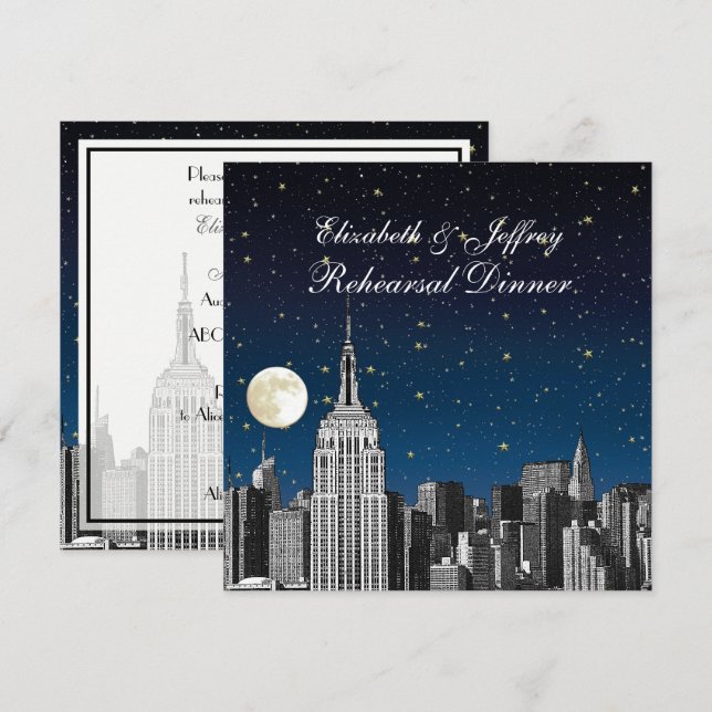 Invitation Dîner de répétition NYC ESB Skyline Blue Star Moon (Devant / Derrière)