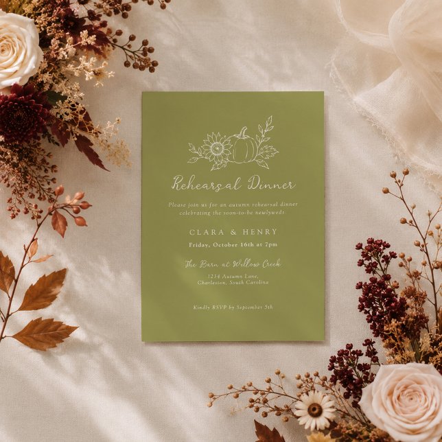 Invitation Dîner de répétition Olive Green Pumpkin Sunflower (Créateur téléchargé)
