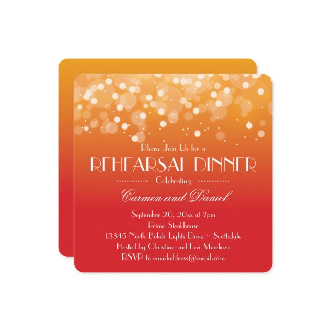 Invitation Dîner de répétition Orange and Gold Bokeh Lights (Devant/Arrière en situation)