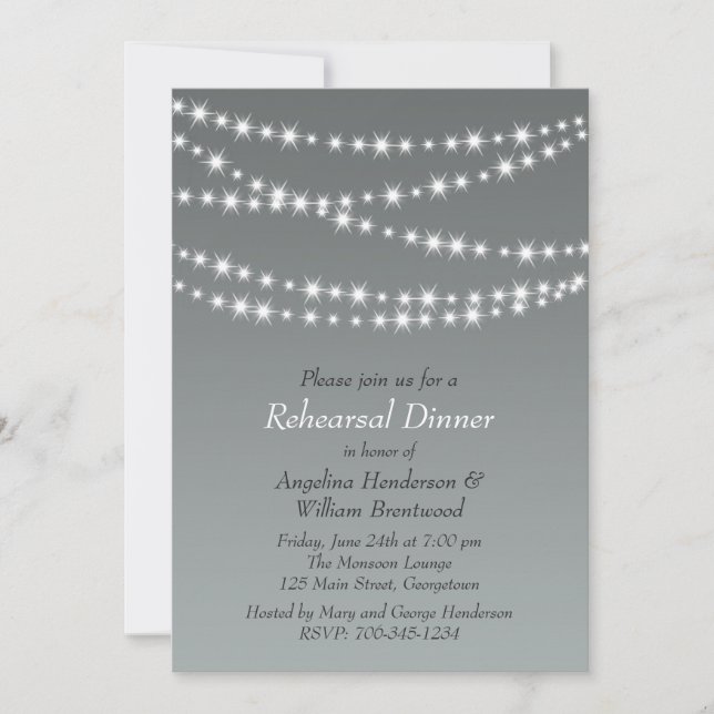 Invitation Dîner de répétition Paloma Gray Twinkle Lights (Devant)