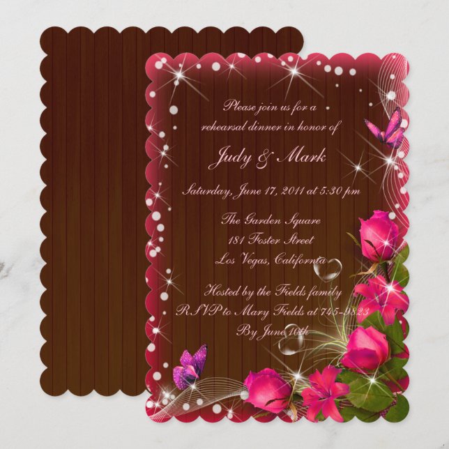 Invitation Dîner de répétition papillon floral rose bois rust (Devant / Derrière)