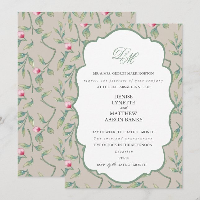 Invitation Dîner de répétition parfaitement pâle et vert de b (Devant / Derrière)