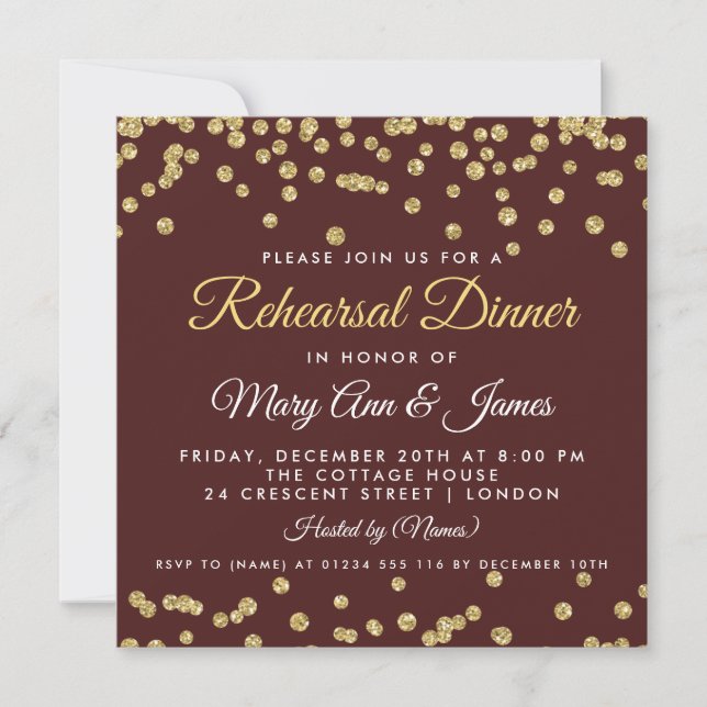 Invitation Dîner de répétition Parties scintillant d'or Confe (Devant)