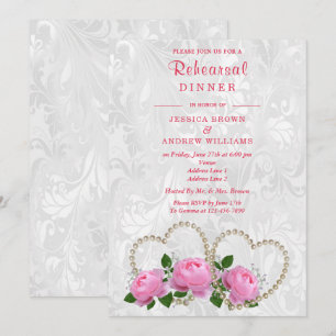 Invitation Dîner de répétition Pearl Hearts & Roses Damask