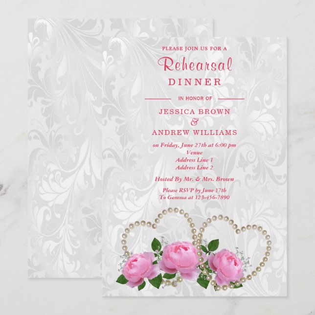 Invitation Dîner de répétition Pearl Hearts & Roses Damask (Devant / Derrière)