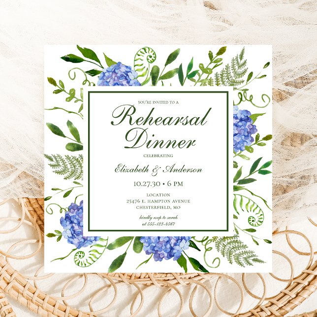Invitation Dîner de répétition photo Blue Hydrangeas (Créateur téléchargé)