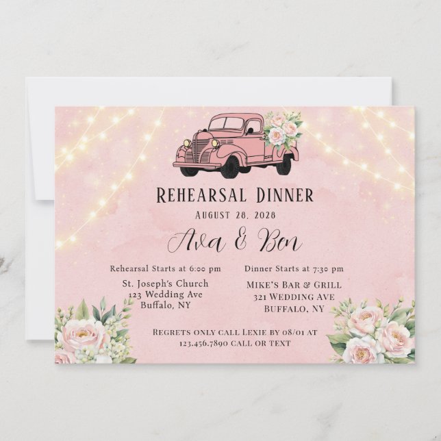 Invitation Dîner de répétition Pink Vintage Truck Peony (Devant)