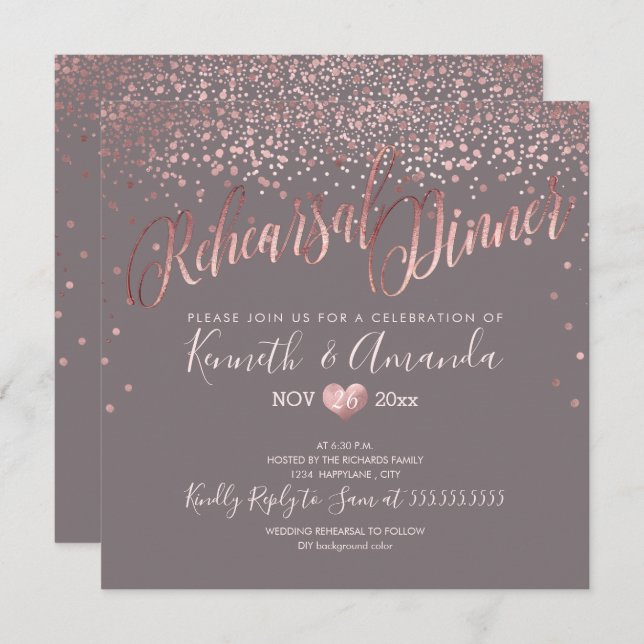 Invitation Dîner de répétition PixDezines/Faux RoseGold Confe (Devant / Derrière)
