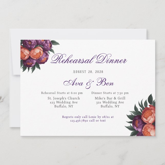 Invitation Dîner de répétition Plum & Orange Peony Argent (Devant)