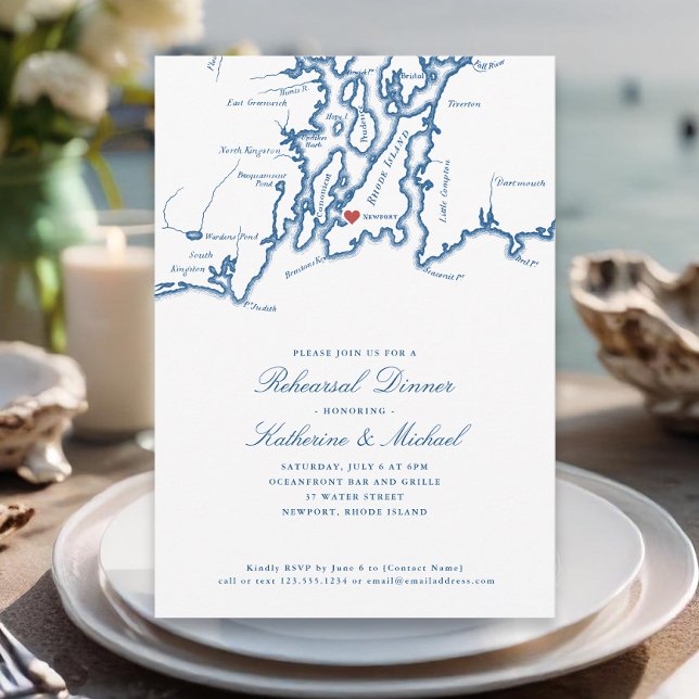 Invitation Dîner de répétition pour Mariage bleu de la Marine (Newport RI Wedding Rehearsal Dinner Invitation in elegant Navy Blue by Coastal Map Deisgns)
