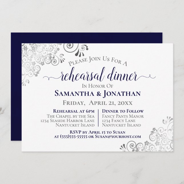 Invitation Dîner de répétition pour Mariage bleu de la Marine (Devant / Derrière)