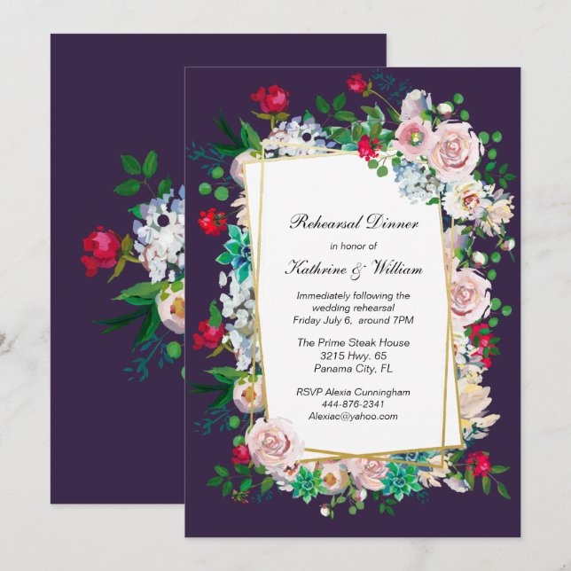 Invitation Dîner de répétition pour Mariage de cadre violet e (Devant / Derrière)