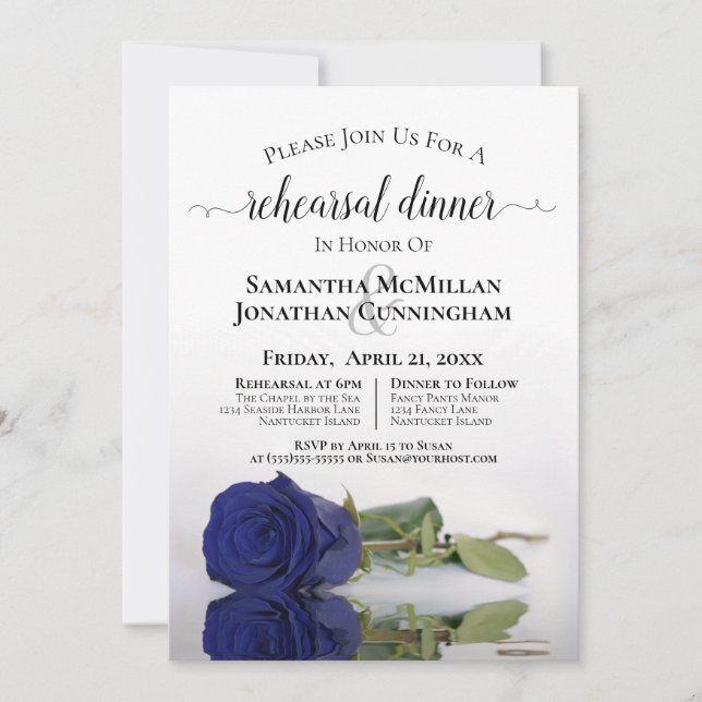 Invitation Dîner de répétition pour Mariage Rose bleu élégant (Devant)
