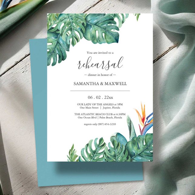Invitation Dîner de répétition pour Mariages botaniques tropi (Tropical rehearsal dinner invitations watercolor palm leaf and flower art by Victoria Grigaliunas)
