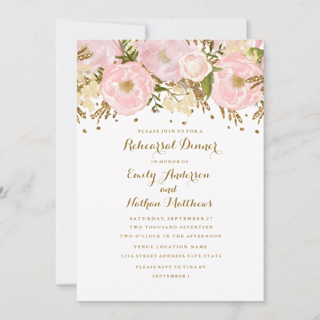 Invitation Dîner de répétition Pretty Blush rose or floral (Devant)