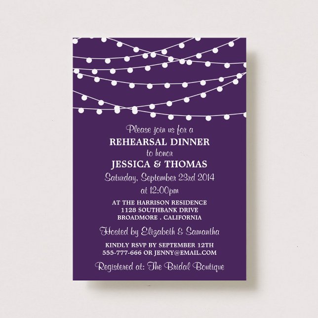 Invitation Dîner de répétition Purple Modern String Lights (Créateur téléchargé)