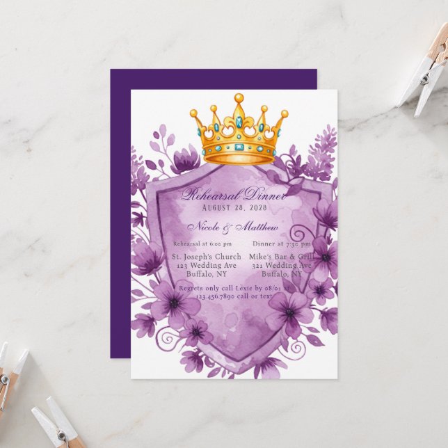 Invitation Dîner de répétition Regal Elegance Purple Aquarell (Devant/Arrière en situation)