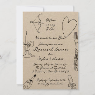 Invitation Dîner de répétition rétro Kraft Boho Black Doodle